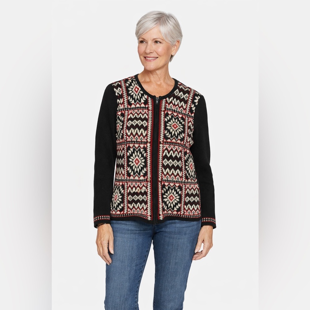 Foxcroft Nordic Fair Isle Zip Front Sweater Medium Black Red Cream Ramie Cotton